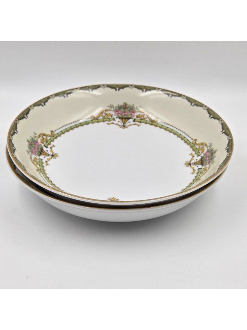 Noritake Penelope Set of 2 Coupe Soup Bowl Green Border Pink Roses Urn Gold Trim - Picture 3 of 4